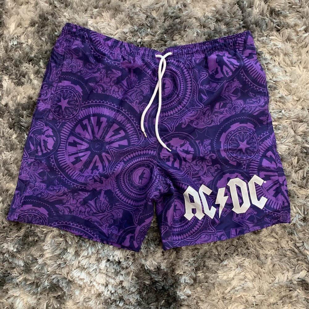 AC/DC Swim Trunks Mens LG Board Shorts Lined Mesh Drawstring Purple